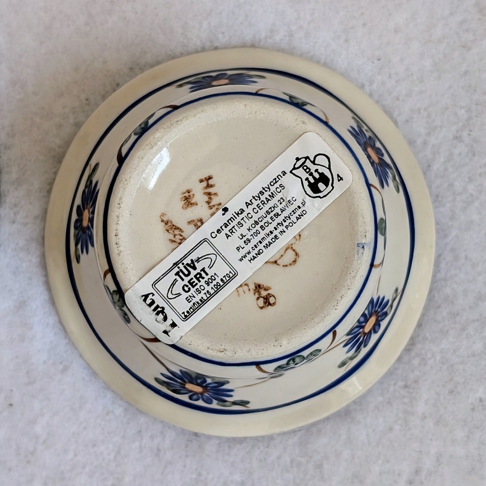 Polish Pottery Tealight Candle Holders with Blue, Yellow, & Brown Floral Design - Picture 8 of 8
